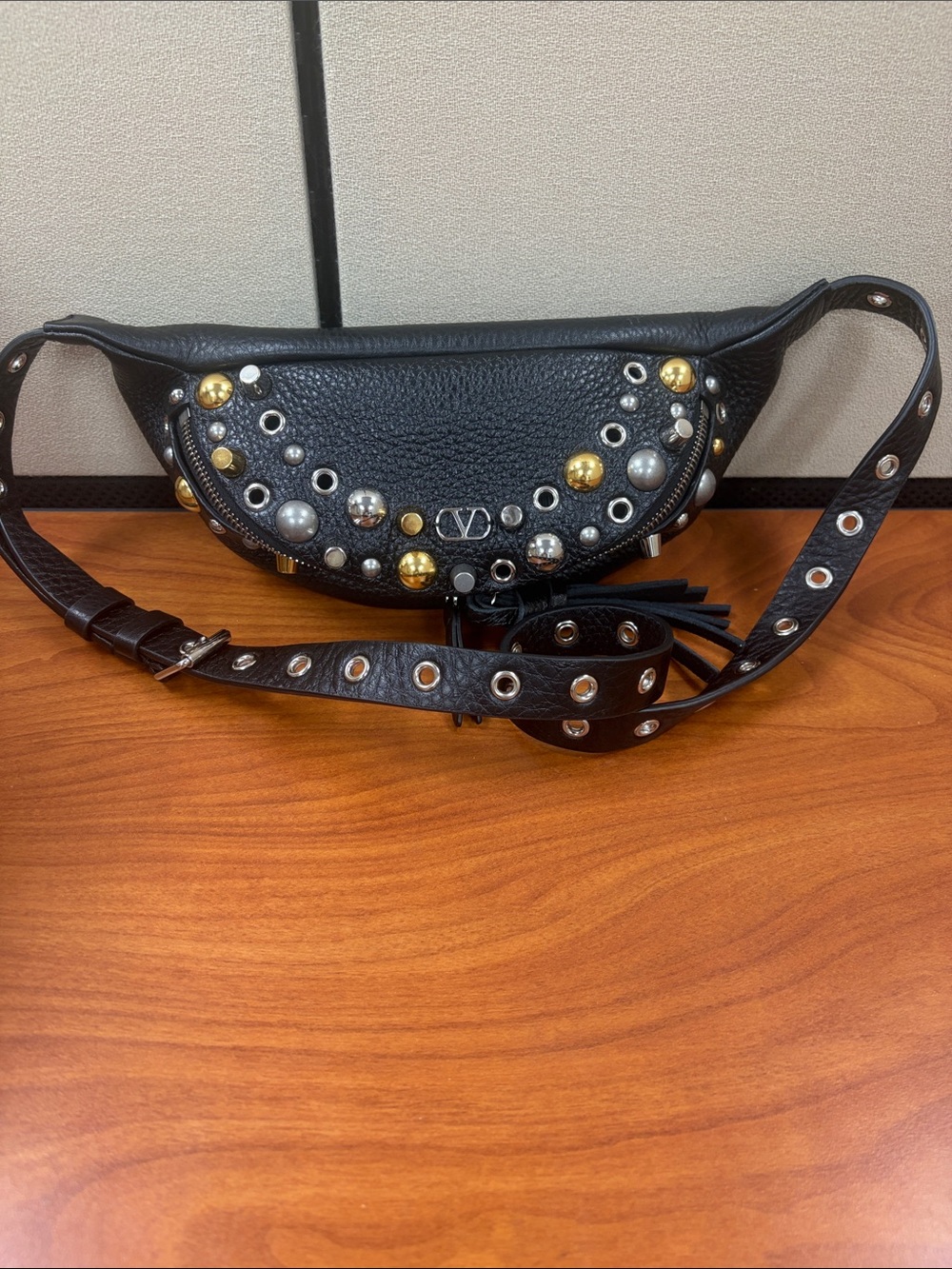 Valentino Black Studded Leather Belt Bag with Mixed Metal Accent